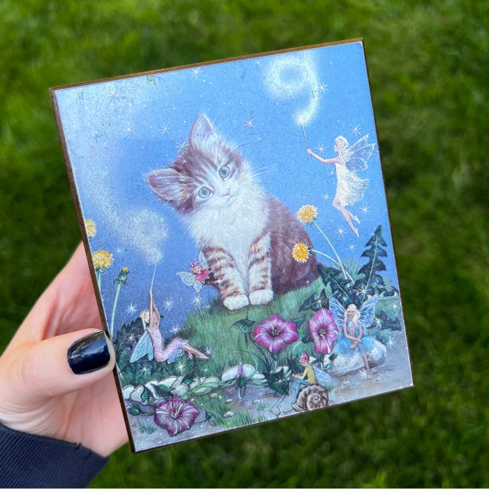 Vintage Kitten and Fairy Foils Wooden Trinket Box Marked Lincoln City Oregon